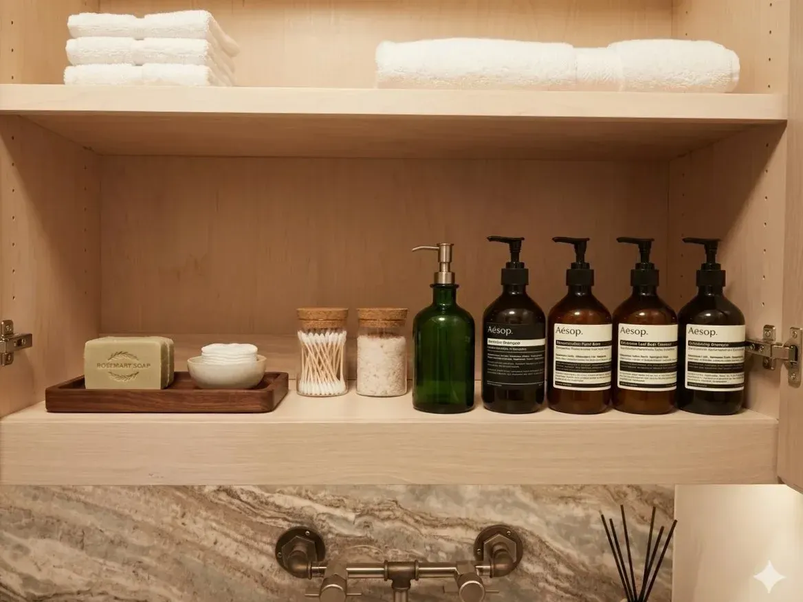 Built-in custom wood bathroom shelving with marble backsplash