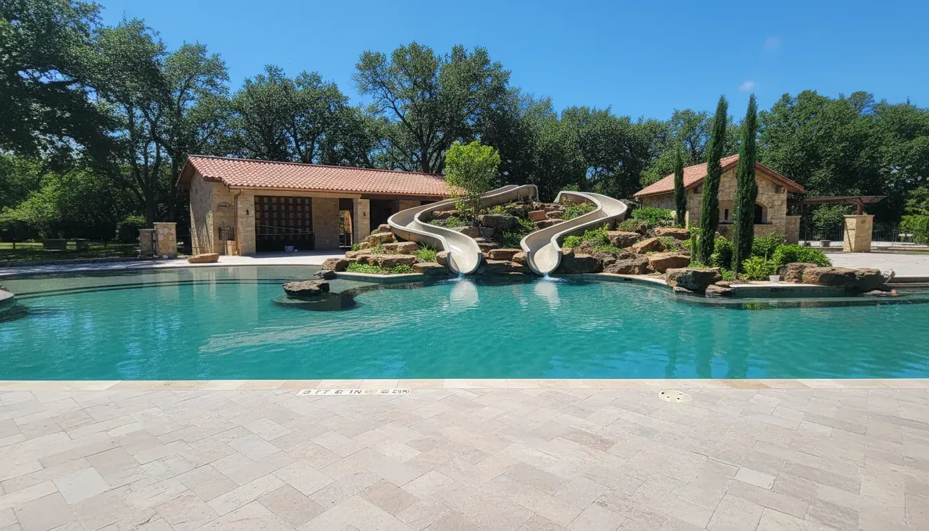 Resort pool with rock landscaping and water slides
