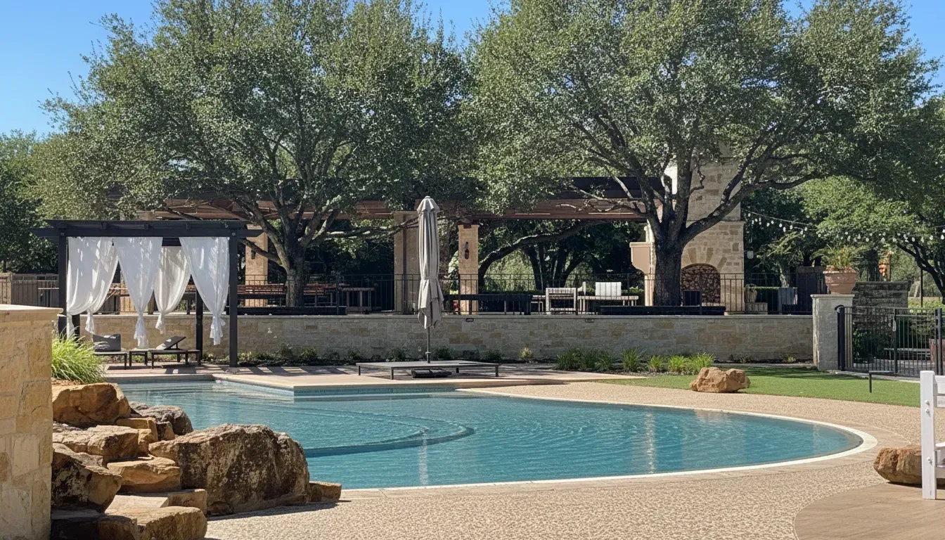Resort pool with cabana and mature trees